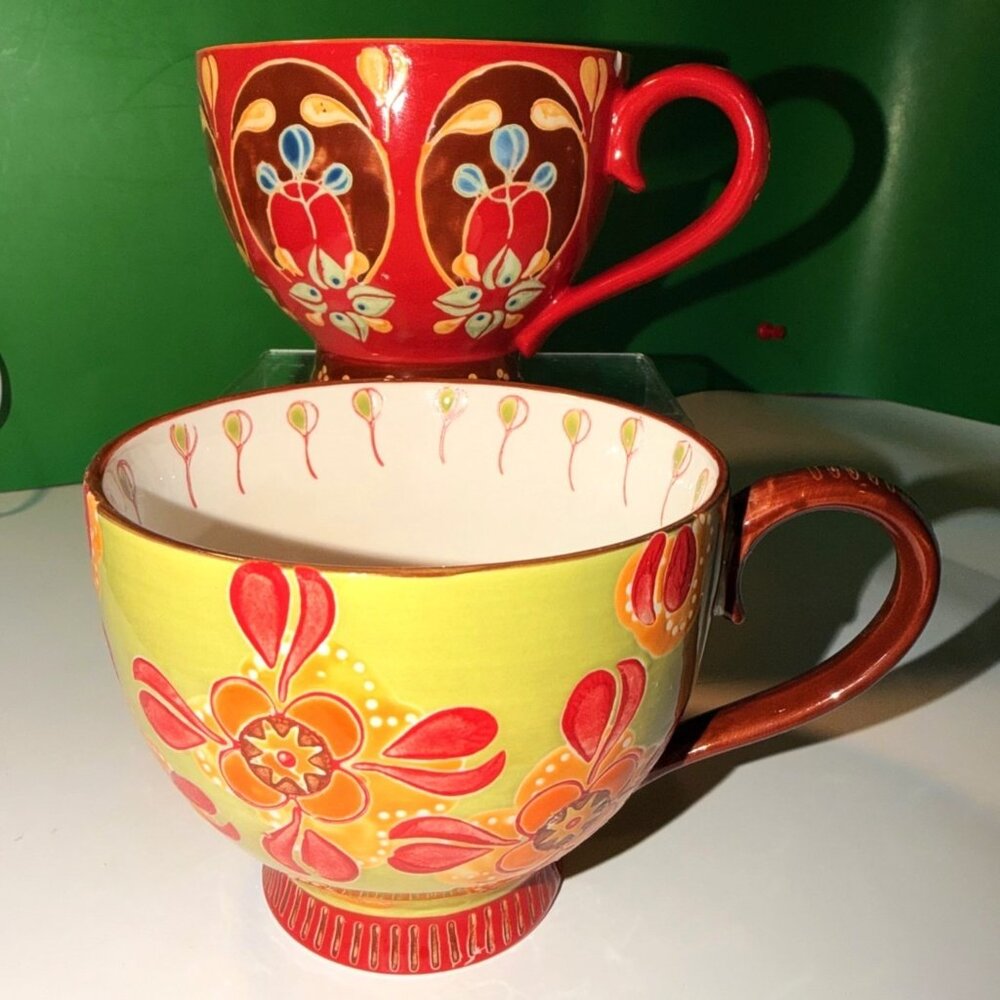 Dutch Wax Handpainted Jumbo Boho Floral Latte Mugs Set of 2 Large 16oz Cups Gift
